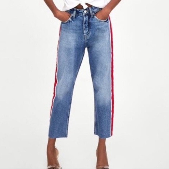 Zara Jeans Zara Authentic Denim By Trf Cropped Red Stripe Jeans